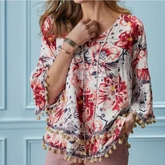 Soft Surroundings Boho Rosada Layered Blouse Floral Print PomPom Trim Size Small - Picture 1 of 10